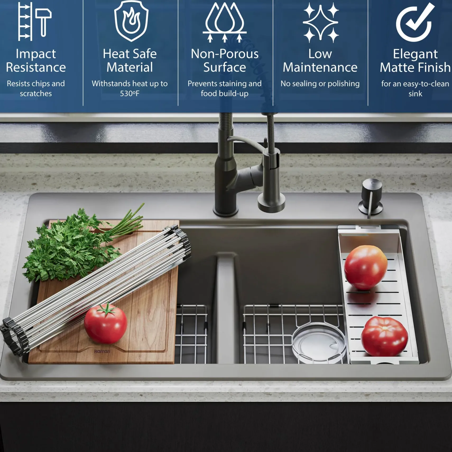 Karran 33" Drop In/Topmount Quartz Composite Kitchen Sink, 50/50 Double Bowl, Concrete, QTWS-880-CN