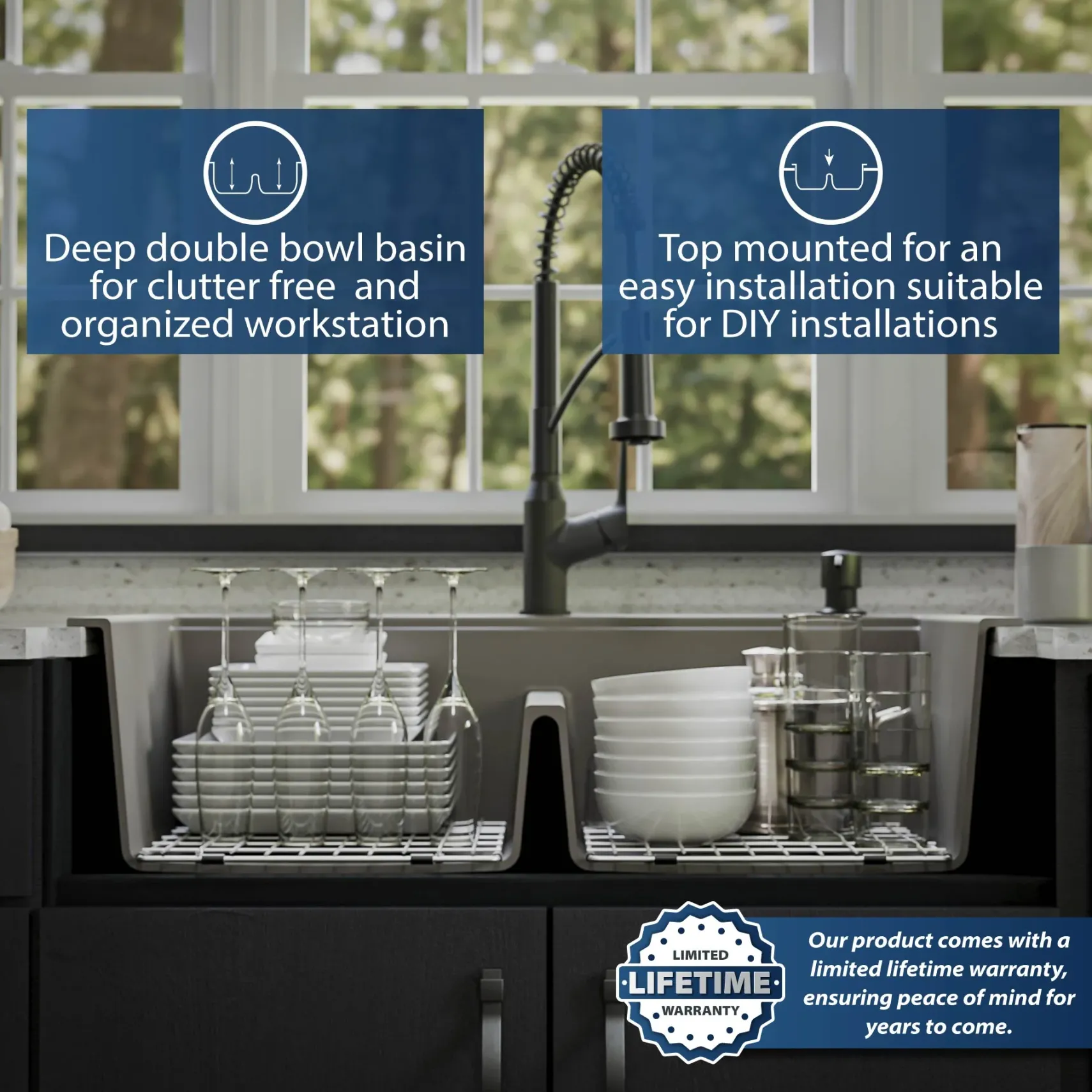Karran 33" Drop In/Topmount Quartz Composite Kitchen Sink, 50/50 Double Bowl, Concrete, QTWS-880-CN