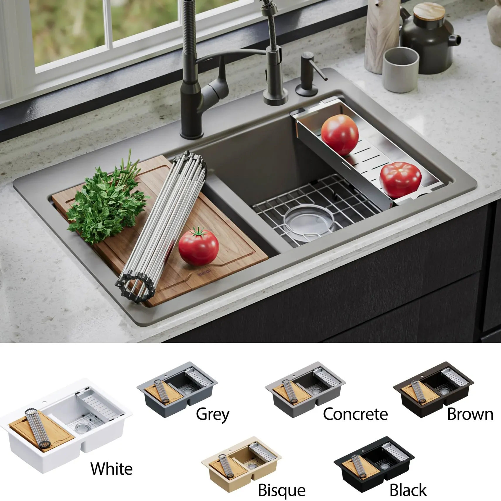 Karran 33" Drop In/Topmount Quartz Composite Kitchen Sink, 50/50 Double Bowl, Concrete, QTWS-880-CN