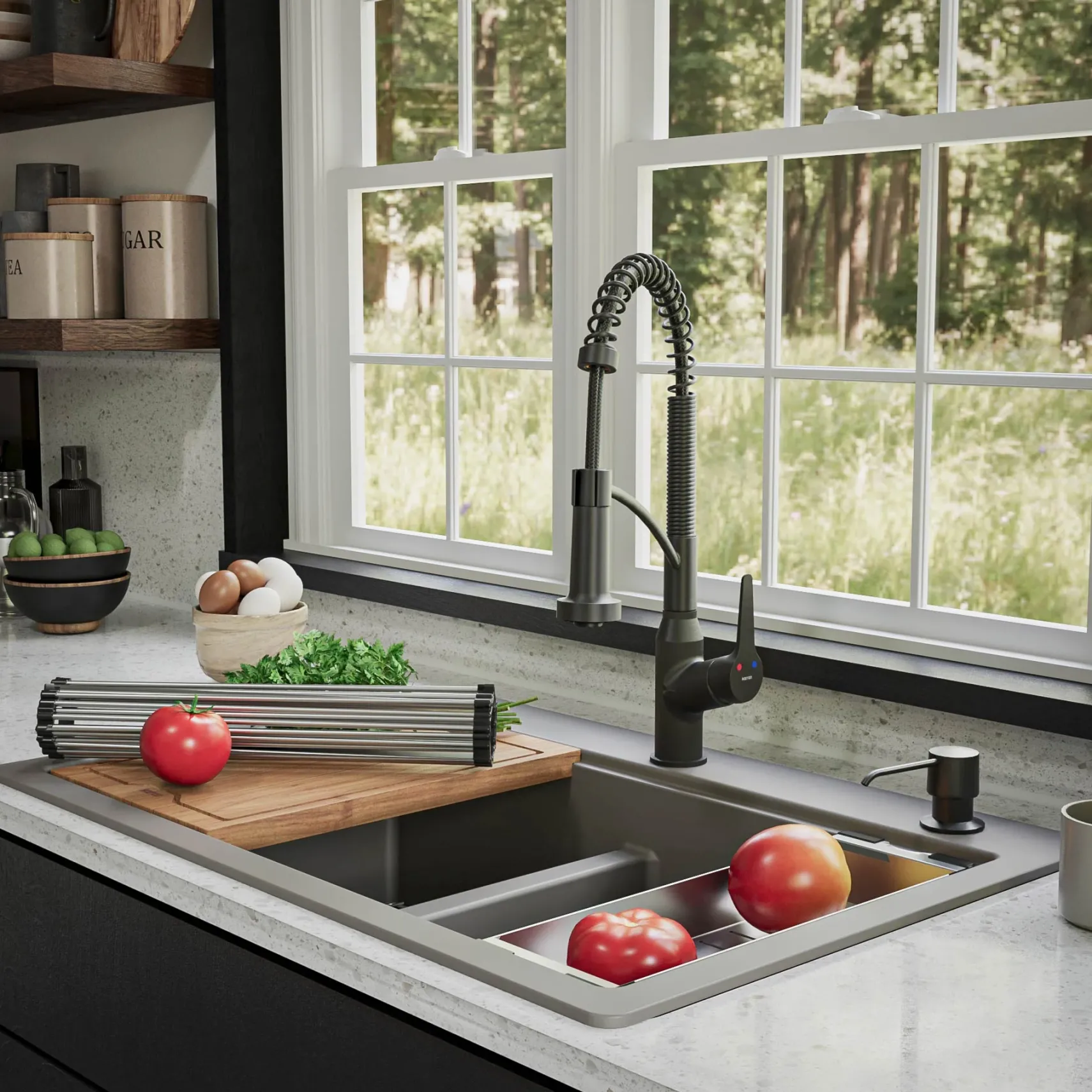 Karran 33" Drop In/Topmount Quartz Composite Kitchen Sink, 50/50 Double Bowl, Concrete, QTWS-880-CN