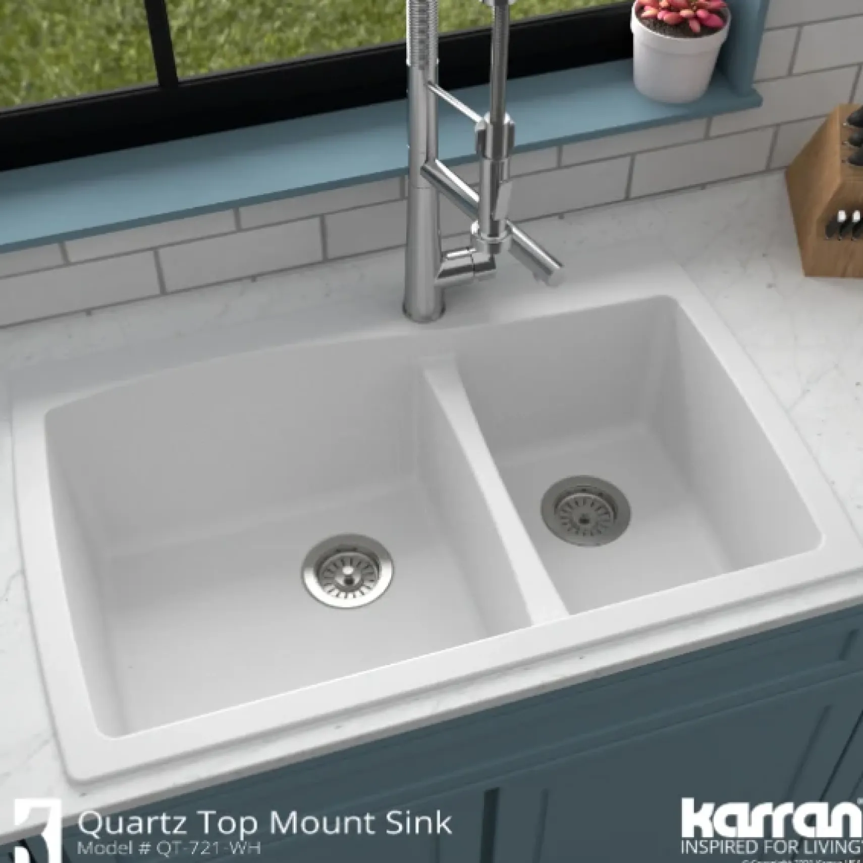 Karran 34" Drop In/Topmount Quartz Composite Kitchen Sink, 60/40 Double Bowl, White, QT-721-WH