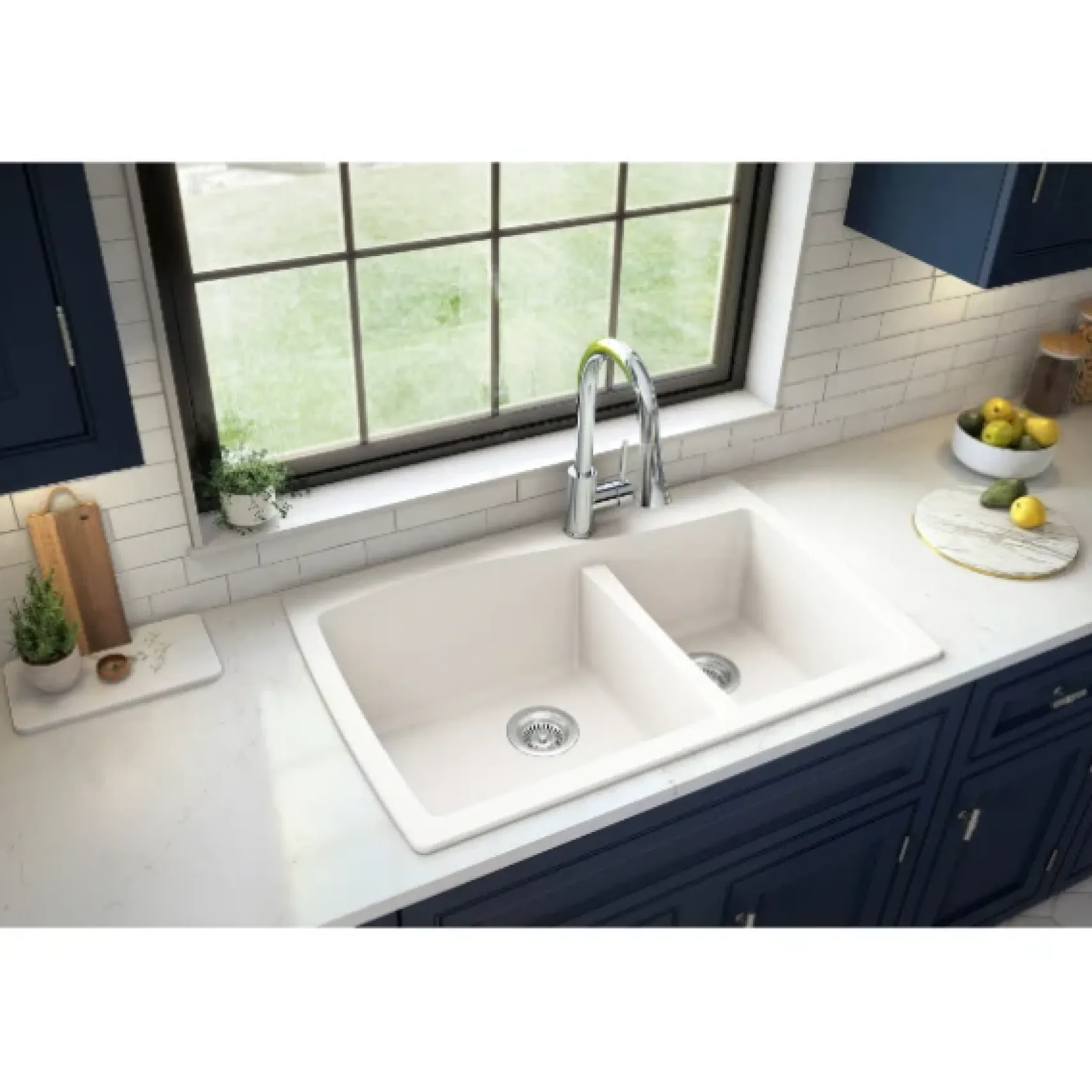 Karran 34" Drop In/Topmount Quartz Composite Kitchen Sink, 60/40 Double Bowl, White, QT-721-WH