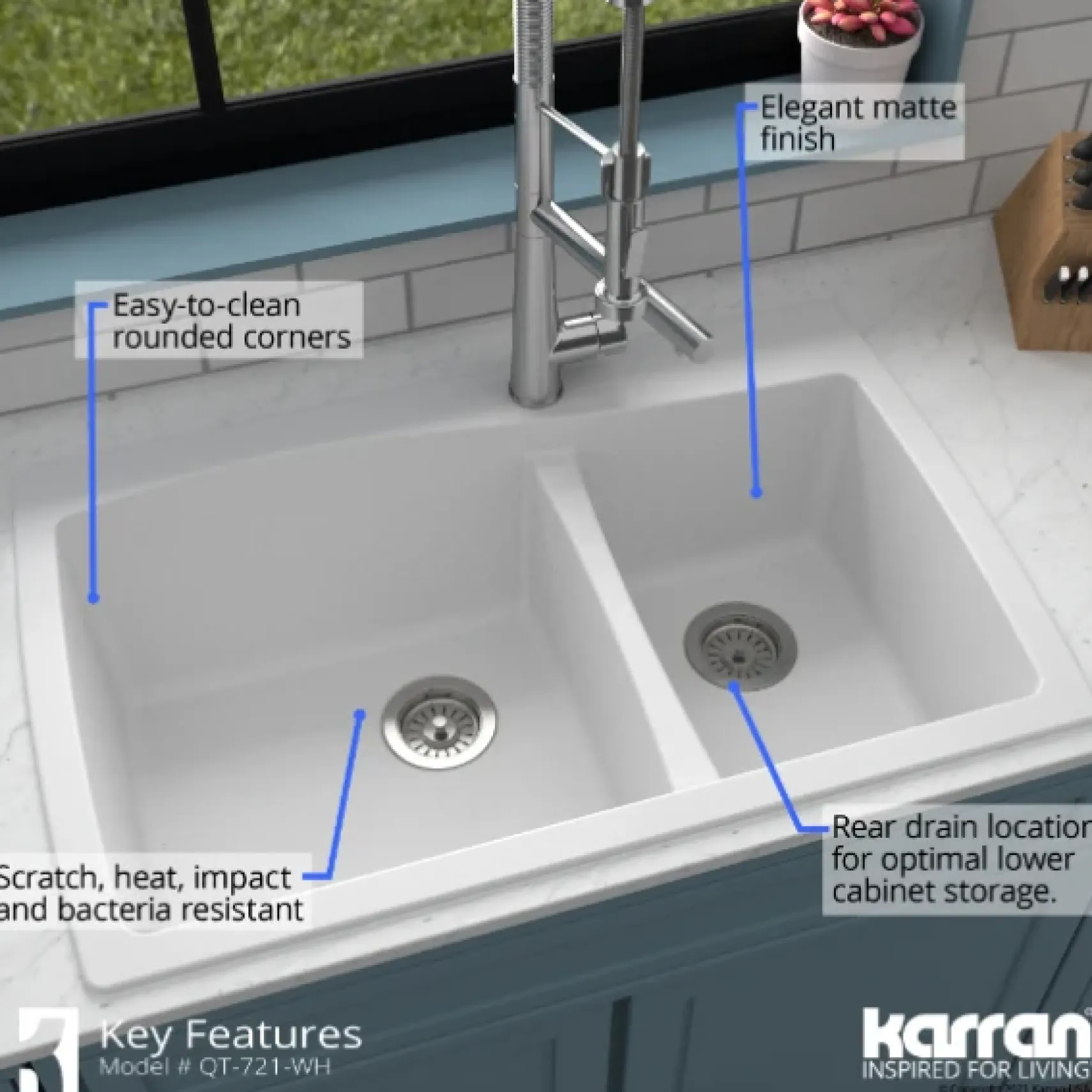 Karran 34" Drop In/Topmount Quartz Composite Kitchen Sink, 60/40 Double Bowl, White, QT-721-WH