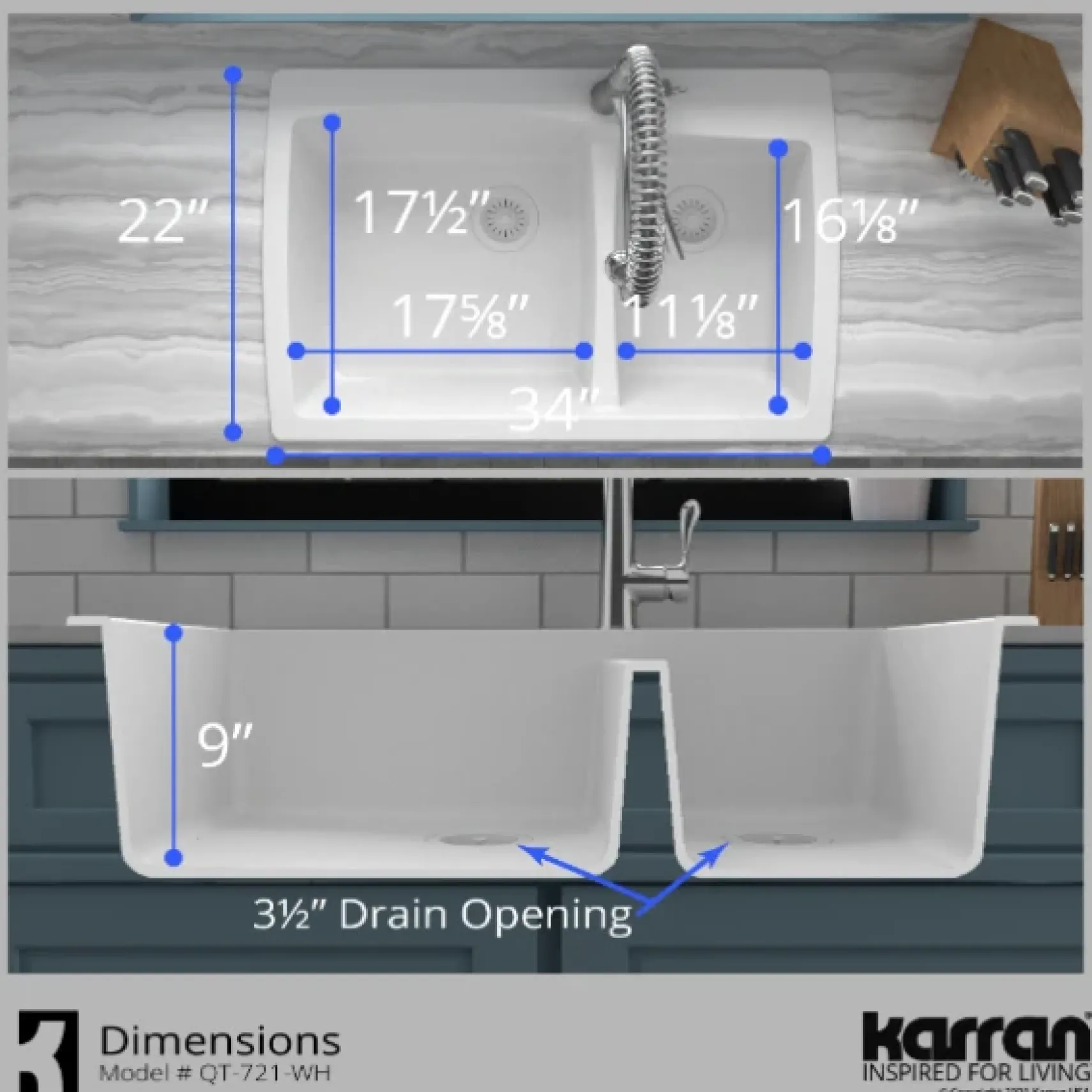 Karran 34" Drop In/Topmount Quartz Composite Kitchen Sink, 60/40 Double Bowl, White, QT-721-WH