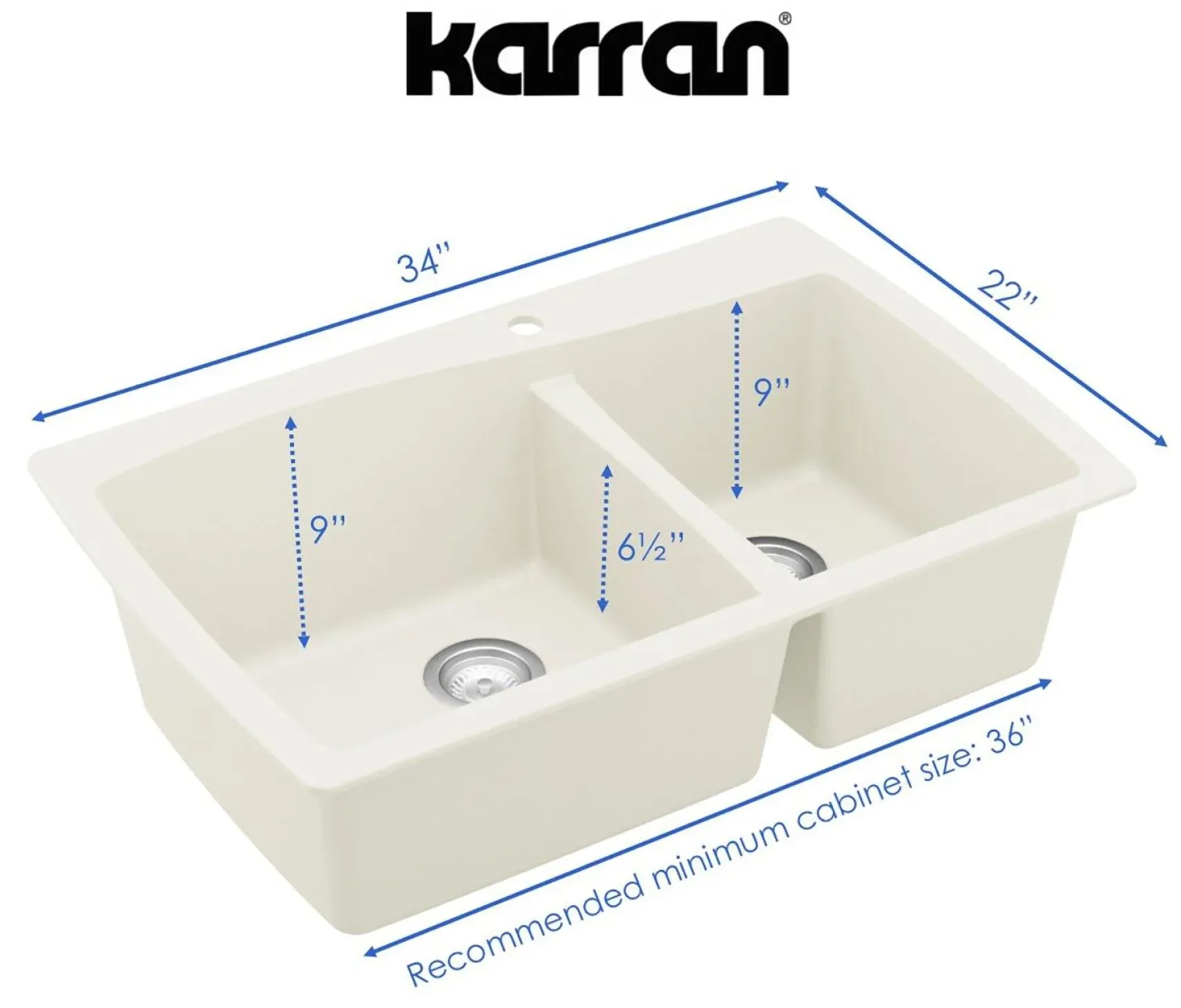 Karran 34" Drop In/Topmount Quartz Composite Kitchen Sink, 60/40 Double Bowl, White, QT-721-WH