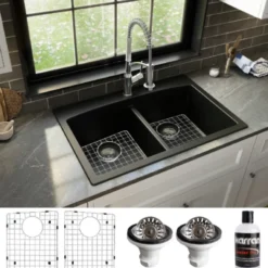 Karran 33" Drop In/Topmount Quartz Composite Kitchen Sink, 50/50 Double Bowl, Black, QT-710-BL-PK1