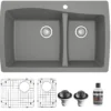 Karran 34" Drop In/Topmount Quartz Composite Kitchen Sink with Accessories, 60/40 Double Bowl, Grey, QT-721-GR-PK1