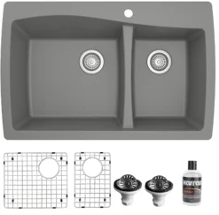 Karran 34" Drop In/Topmount Quartz Composite Kitchen Sink with Accessories, 60/40 Double Bowl, Grey, QT-721-GR-PK1