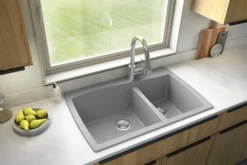 Karran 34" Drop In/Topmount Quartz Composite Kitchen Sink with Accessories, 60/40 Double Bowl, Grey, QT-721-GR-PK1