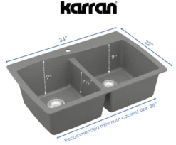 Karran 34" Drop In/Topmount Quartz Composite Kitchen Sink, 50/50 Double Bowl, Grey, QT-720-GR