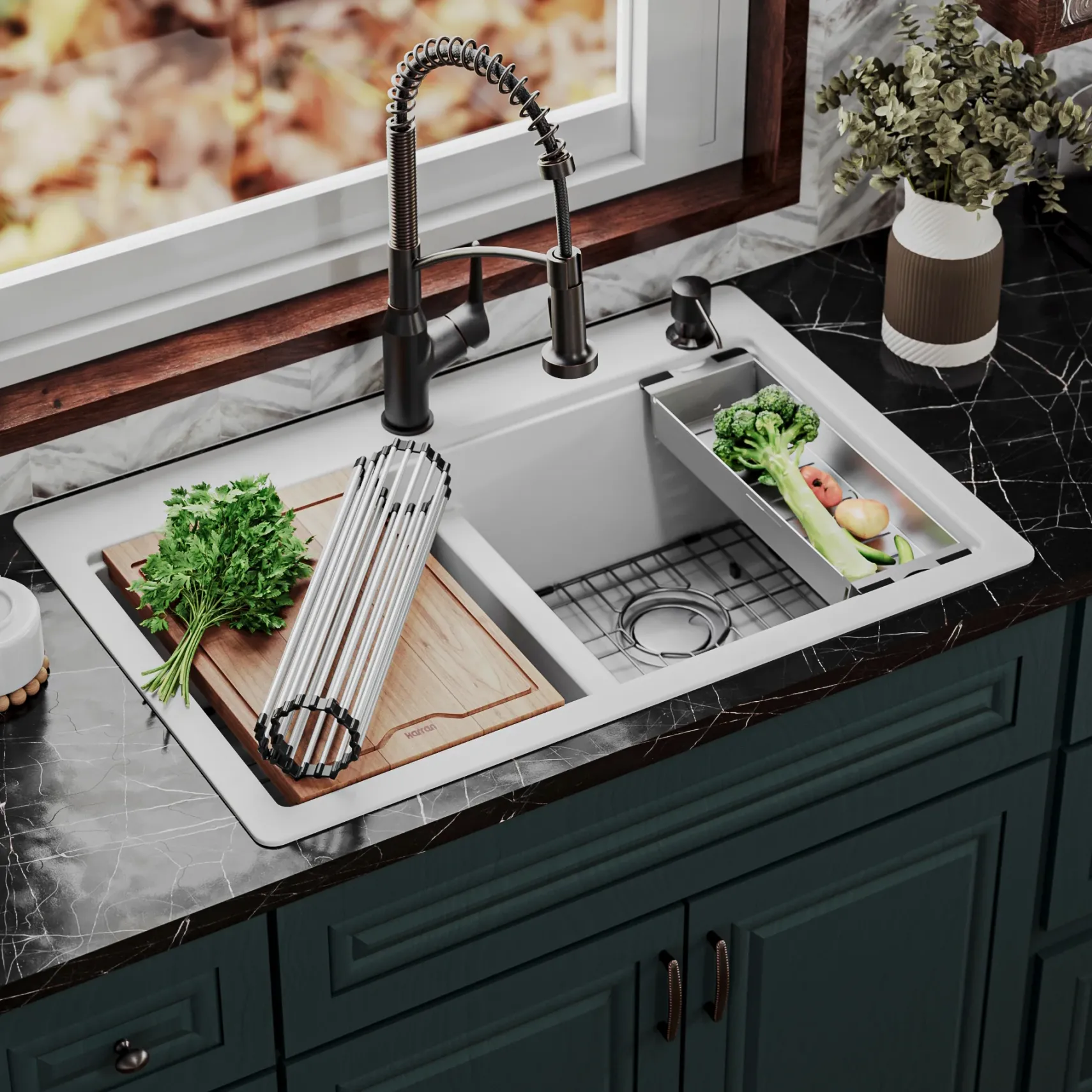 Karran 33" Drop In/Topmount Quartz Composite Kitchen Sink, 50/50 Double Bowl, White, QTWS-880-WH