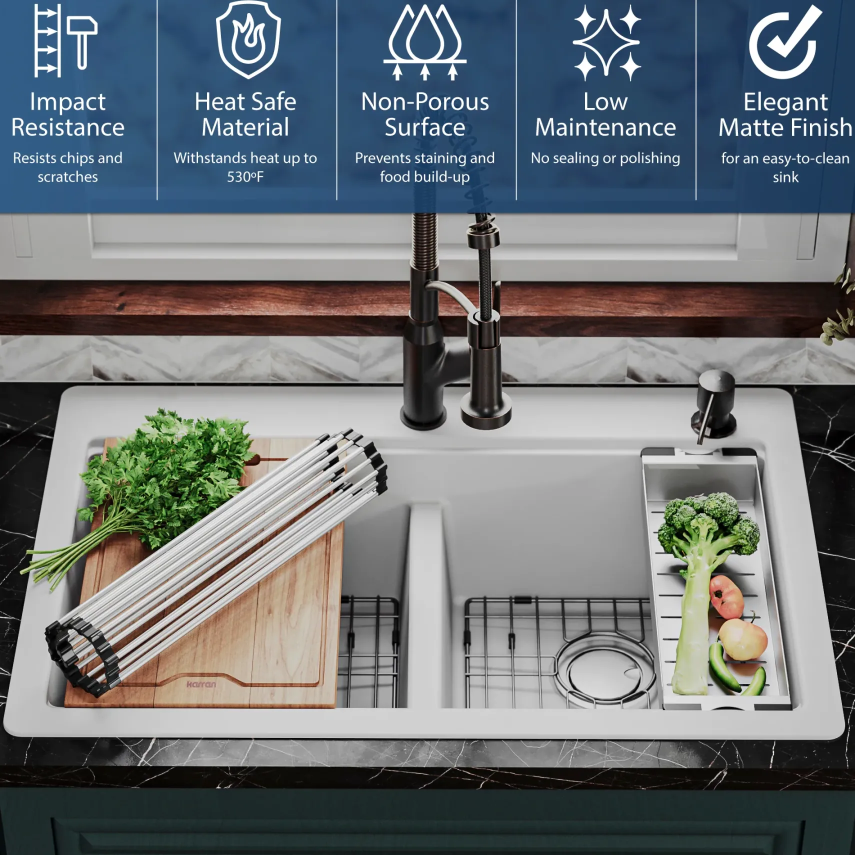 Karran 33" Drop In/Topmount Quartz Composite Kitchen Sink, 50/50 Double Bowl, White, QTWS-880-WH