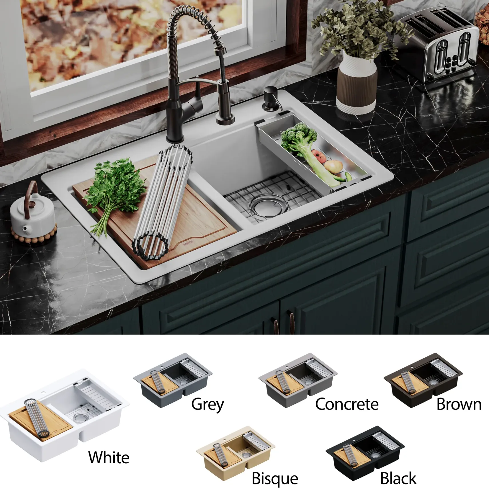 Karran 33" Drop In/Topmount Quartz Composite Kitchen Sink, 50/50 Double Bowl, White, QTWS-880-WH