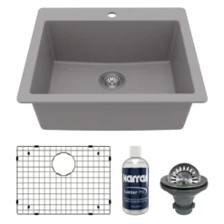 Karran 25" Drop In/Topmount Quartz Composite Kitchen Sink with Accessories, Grey, QT-820-GR-PK1