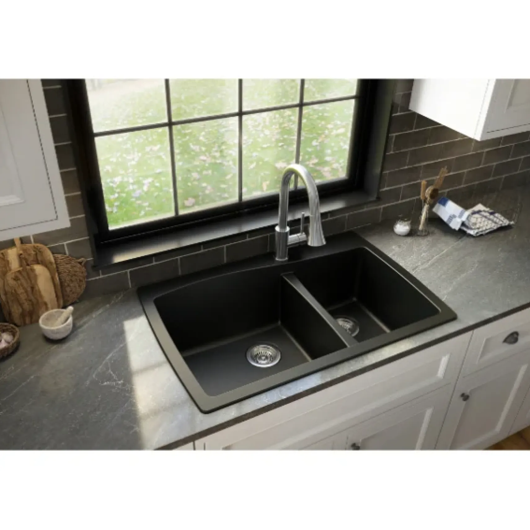 Karran 34" Drop In/Topmount Quartz Composite Kitchen Sink, 60/40 Double Bowl, Black, QT-721-BL
