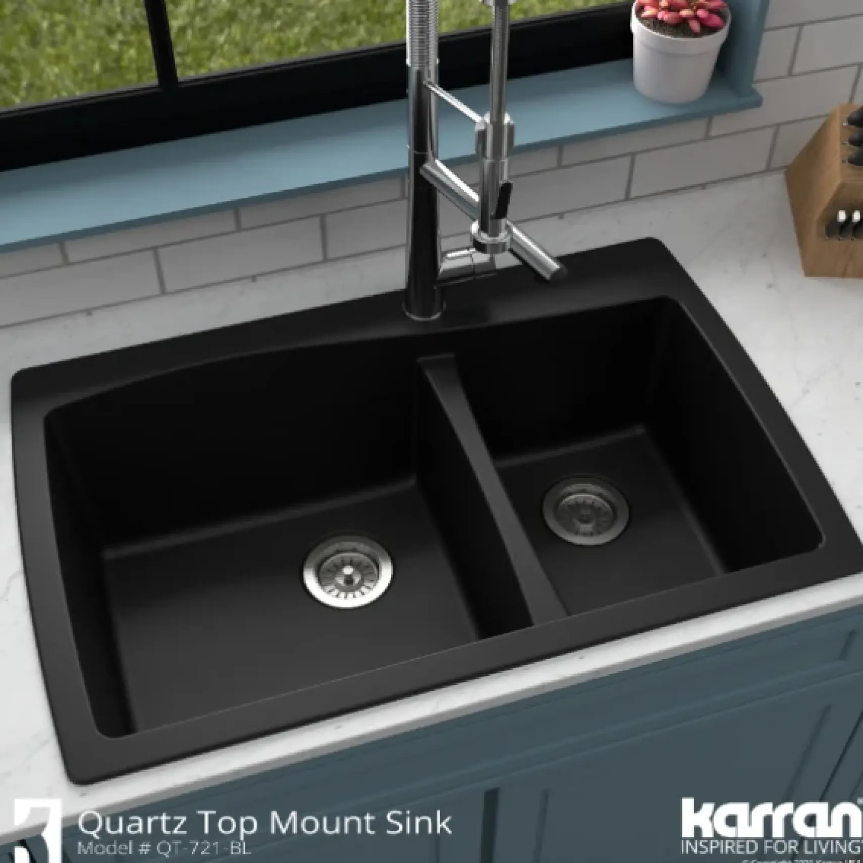 Karran 34" Drop In/Topmount Quartz Composite Kitchen Sink, 60/40 Double Bowl, Black, QT-721-BL