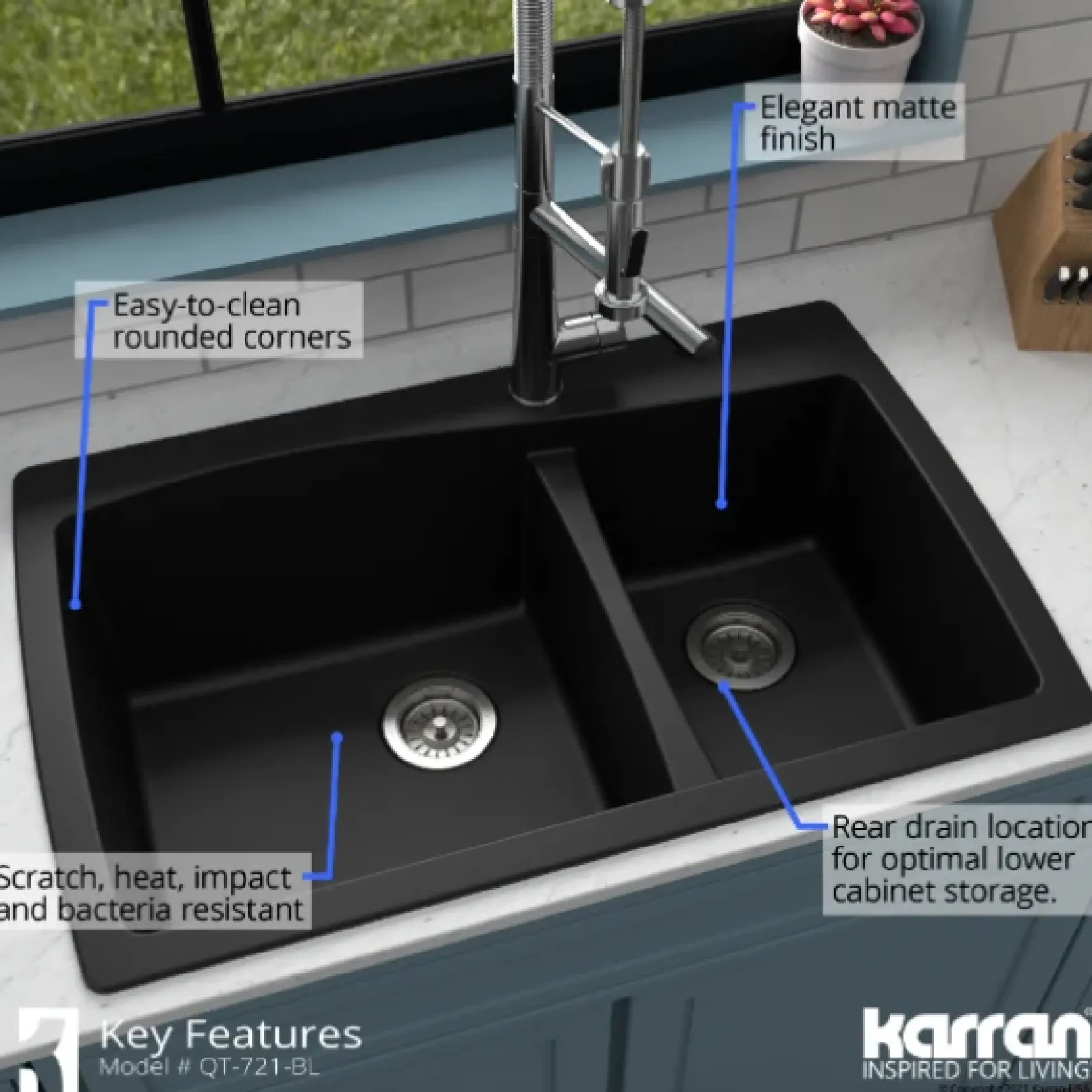 Karran 34" Drop In/Topmount Quartz Composite Kitchen Sink, 60/40 Double Bowl, Black, QT-721-BL