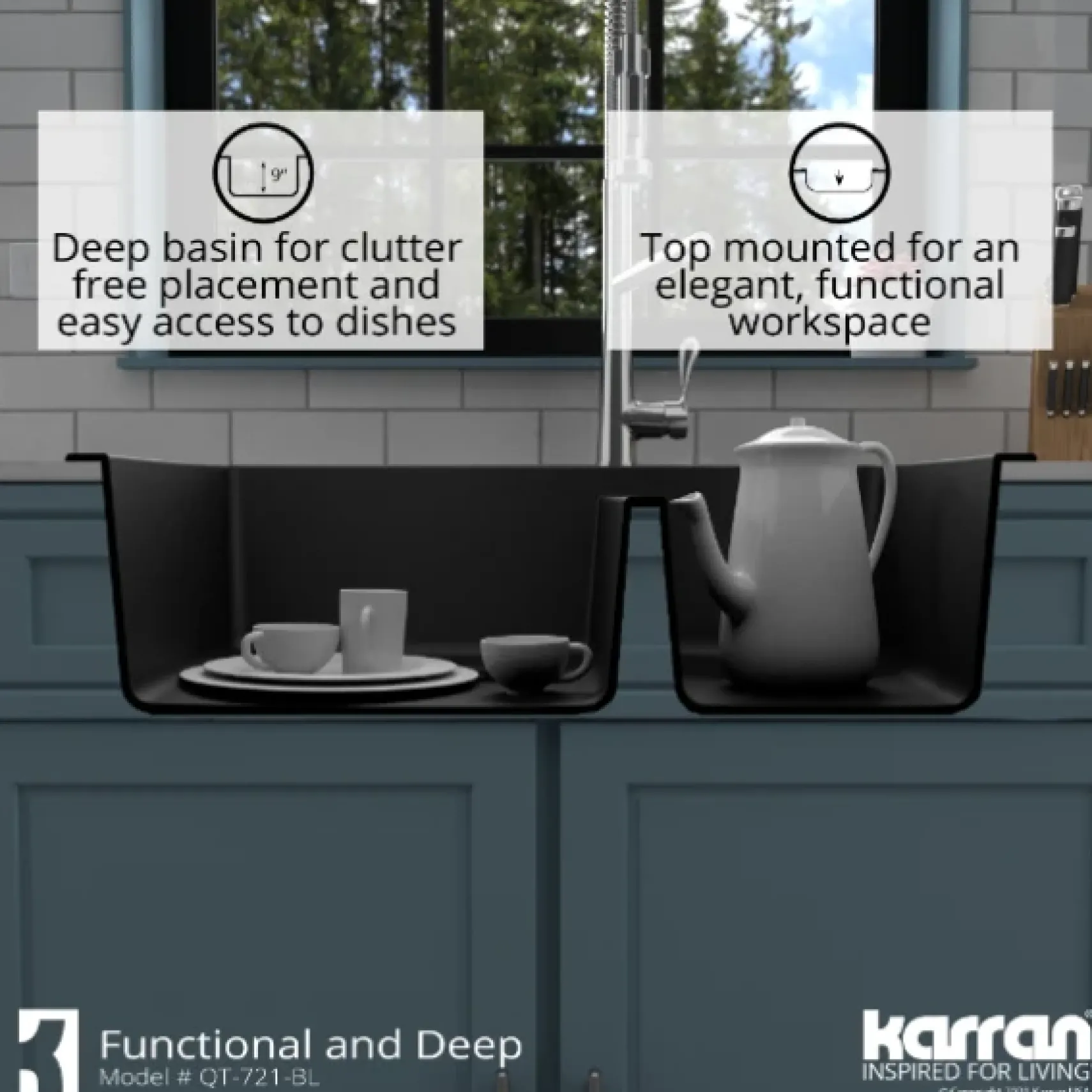 Karran 34" Drop In/Topmount Quartz Composite Kitchen Sink, 60/40 Double Bowl, Black, QT-721-BL