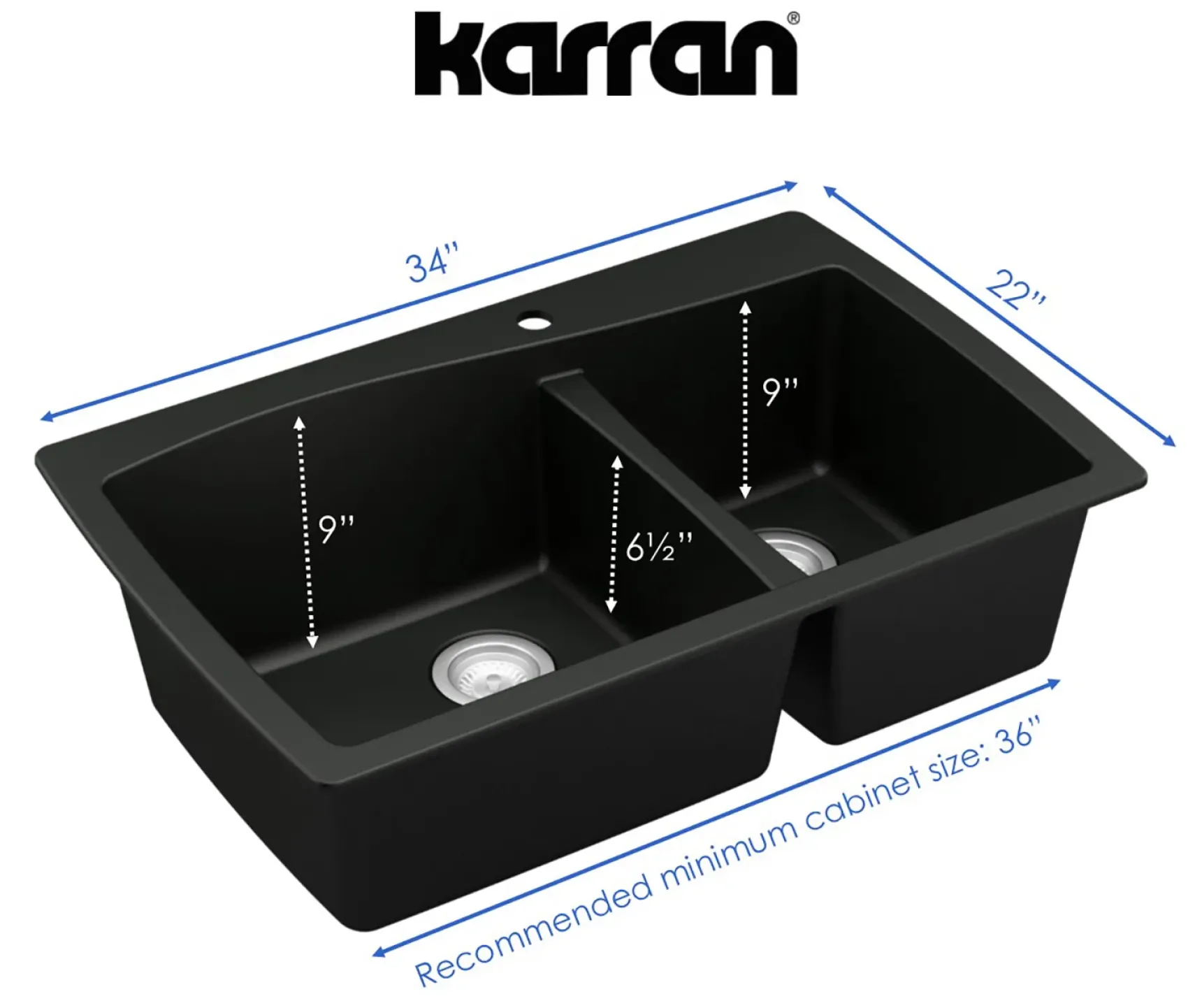 Karran 34" Drop In/Topmount Quartz Composite Kitchen Sink, 60/40 Double Bowl, Black, QT-721-BL
