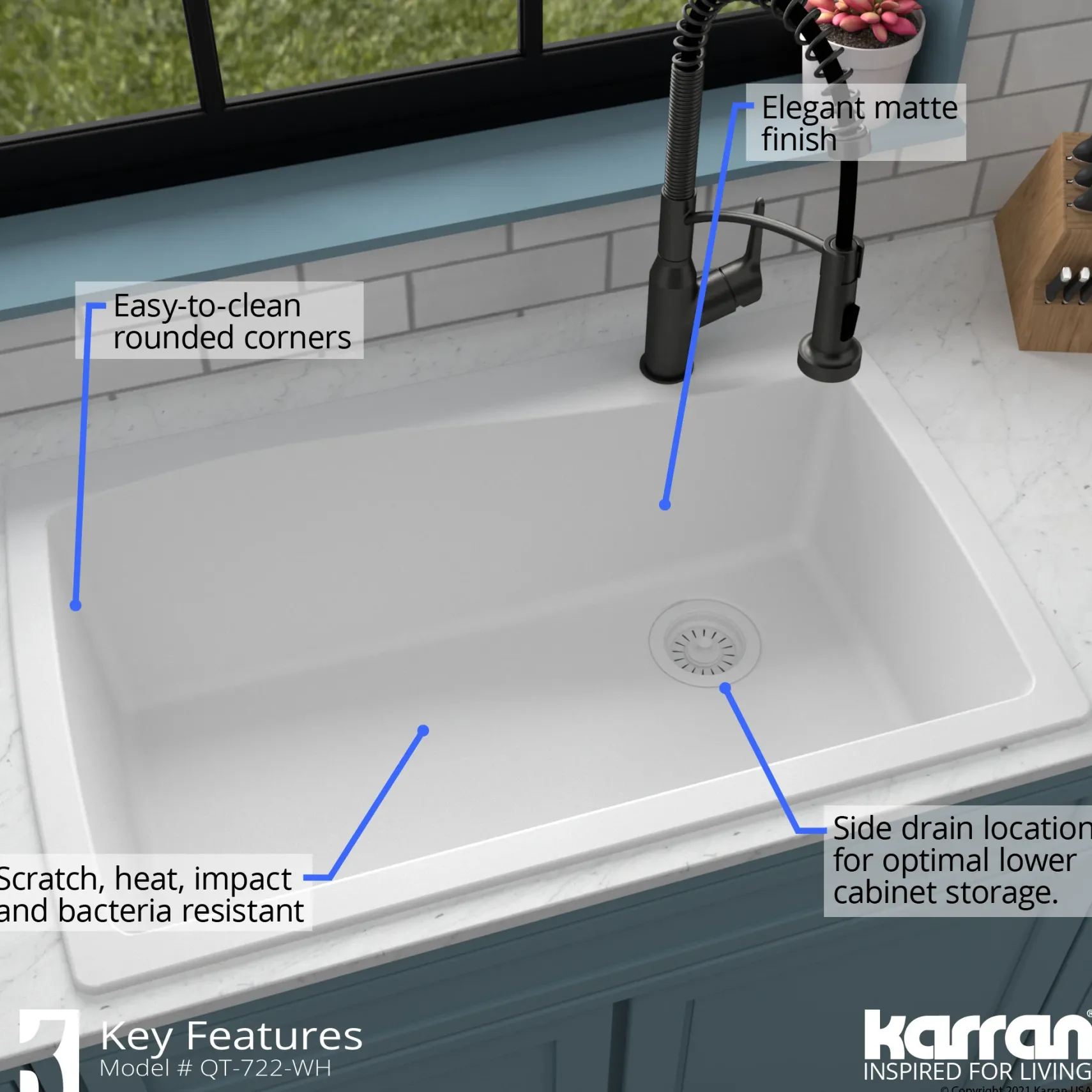 Karran 34" Drop In/Topmount Quartz Composite Kitchen Sink with Accessories, White, QT-722-WH-PK1