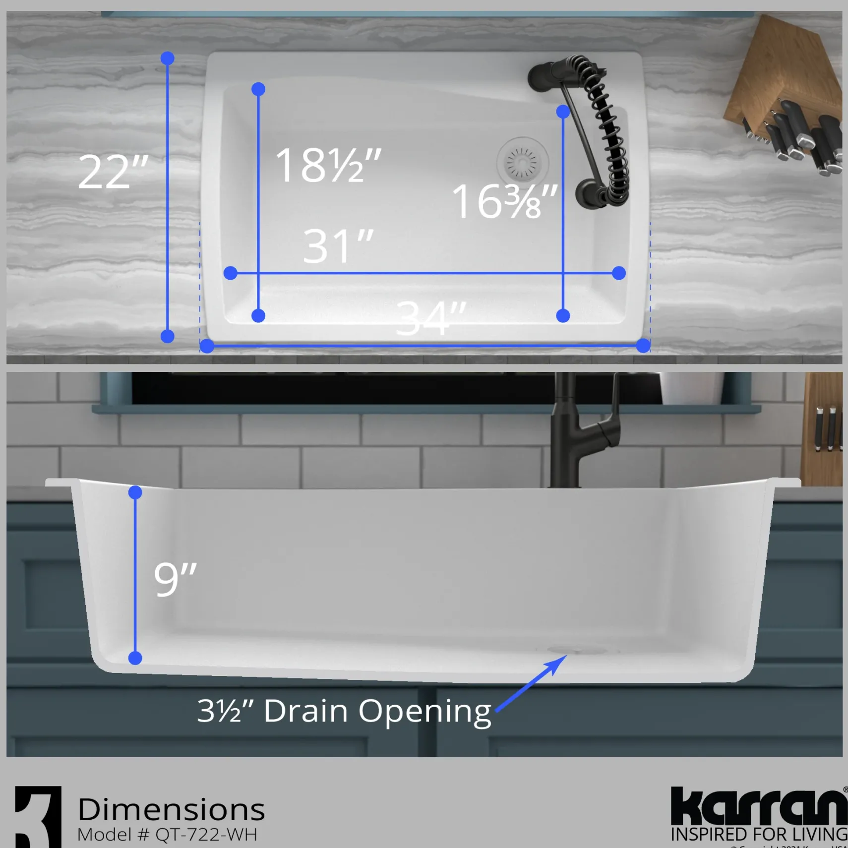 Karran 34" Drop In/Topmount Quartz Composite Kitchen Sink with Accessories, White, QT-722-WH-PK1