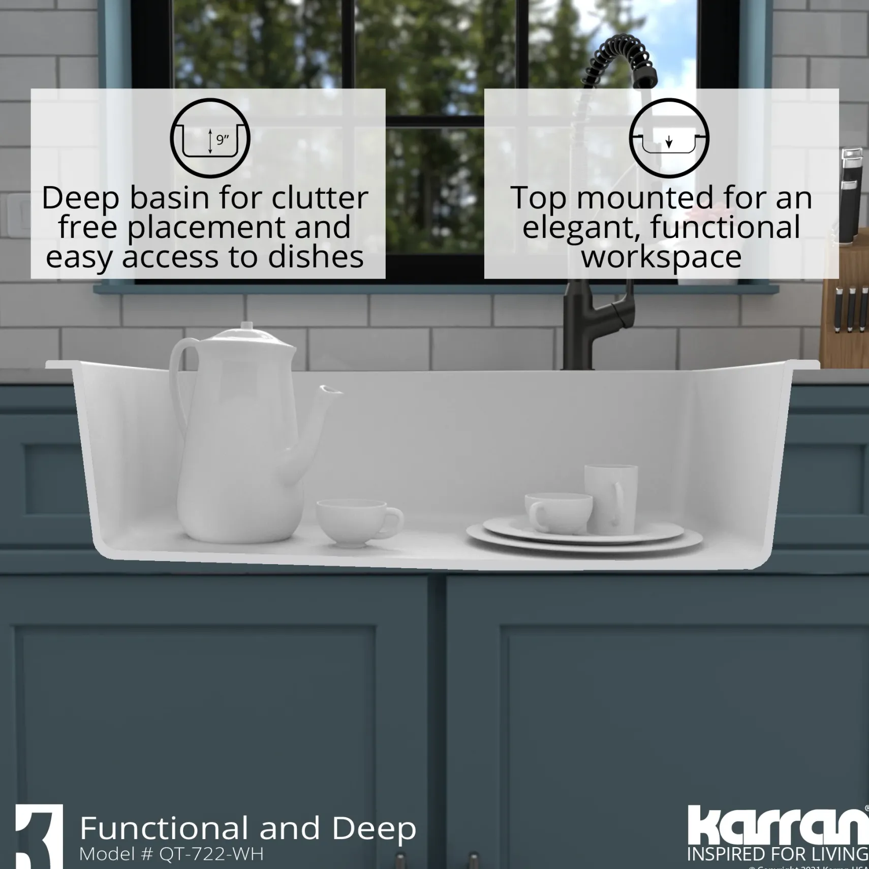 Karran 34" Drop In/Topmount Quartz Composite Kitchen Sink with Accessories, White, QT-722-WH-PK1