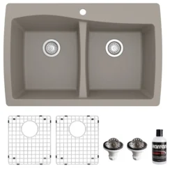 Karran 34" Drop In/Topmount Quartz Composite Kitchen Sink with Accessories, 50/50 Double Bowl, Concrete, QT-720-CN-PK1