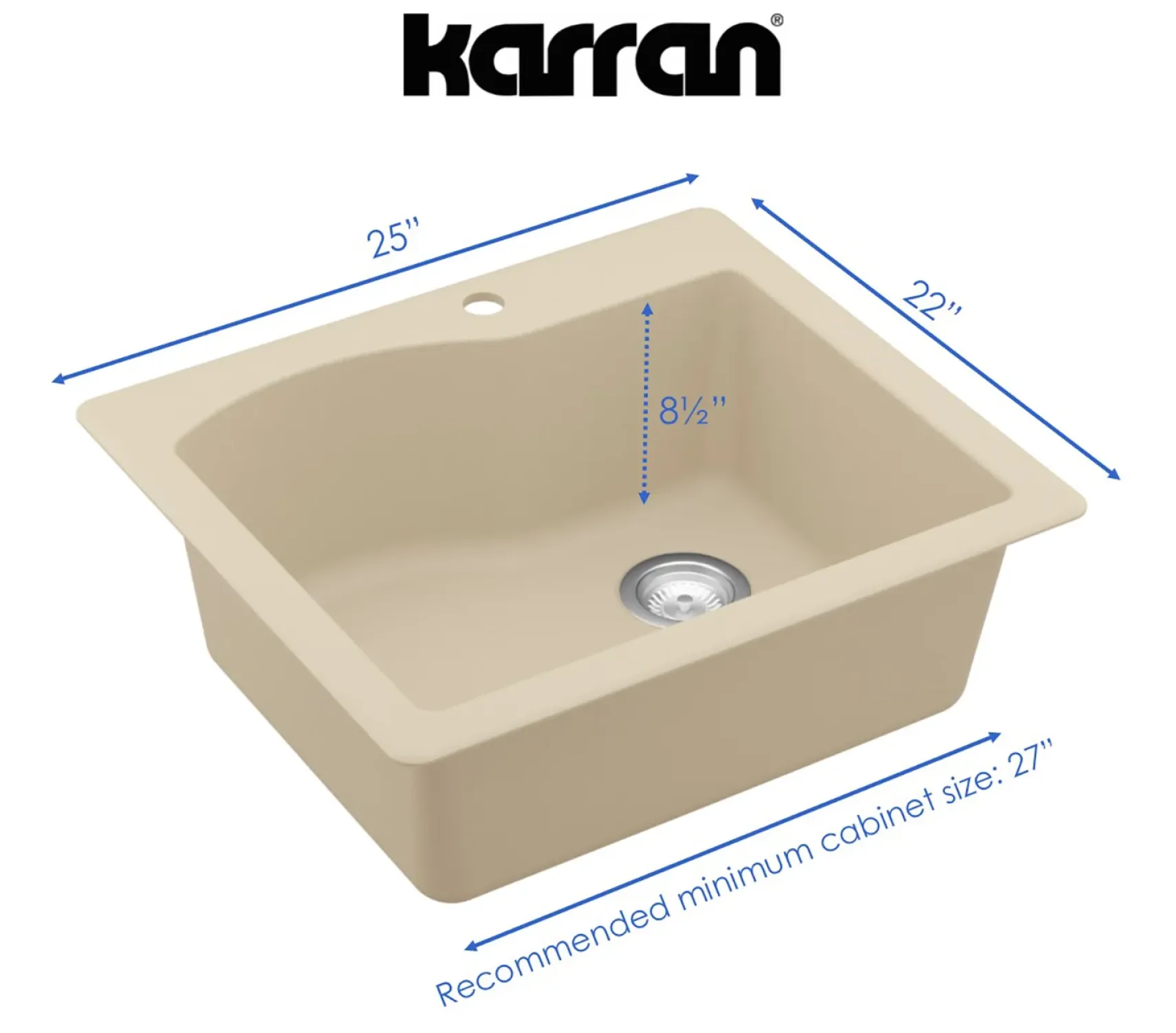 Karran 25" Drop In/Topmount Quartz Composite Kitchen Sink, Bisque, QT-671-BI