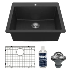 Karran 25" Drop In/Topmount Quartz Composite Kitchen Sink with Accessories, Black, QT-820-BL-PK1