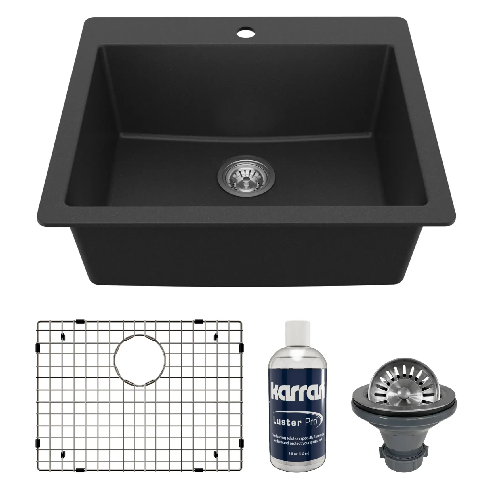 Karran 25" Drop In/Topmount Quartz Composite Kitchen Sink with Accessories, Black, QT-820-BL-PK1