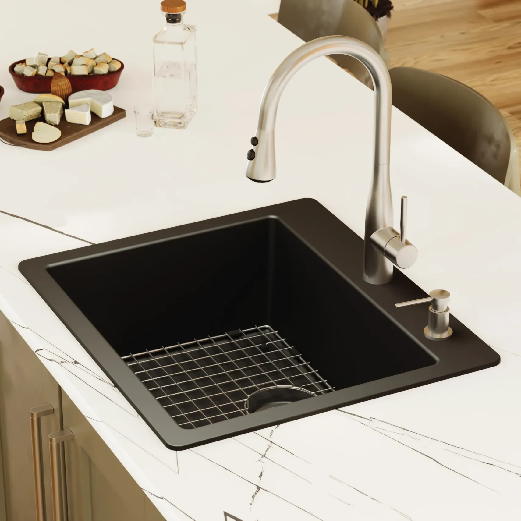 Karran 25" Drop In/Topmount Quartz Composite Kitchen Sink with Accessories, Black, QT-820-BL-PK1