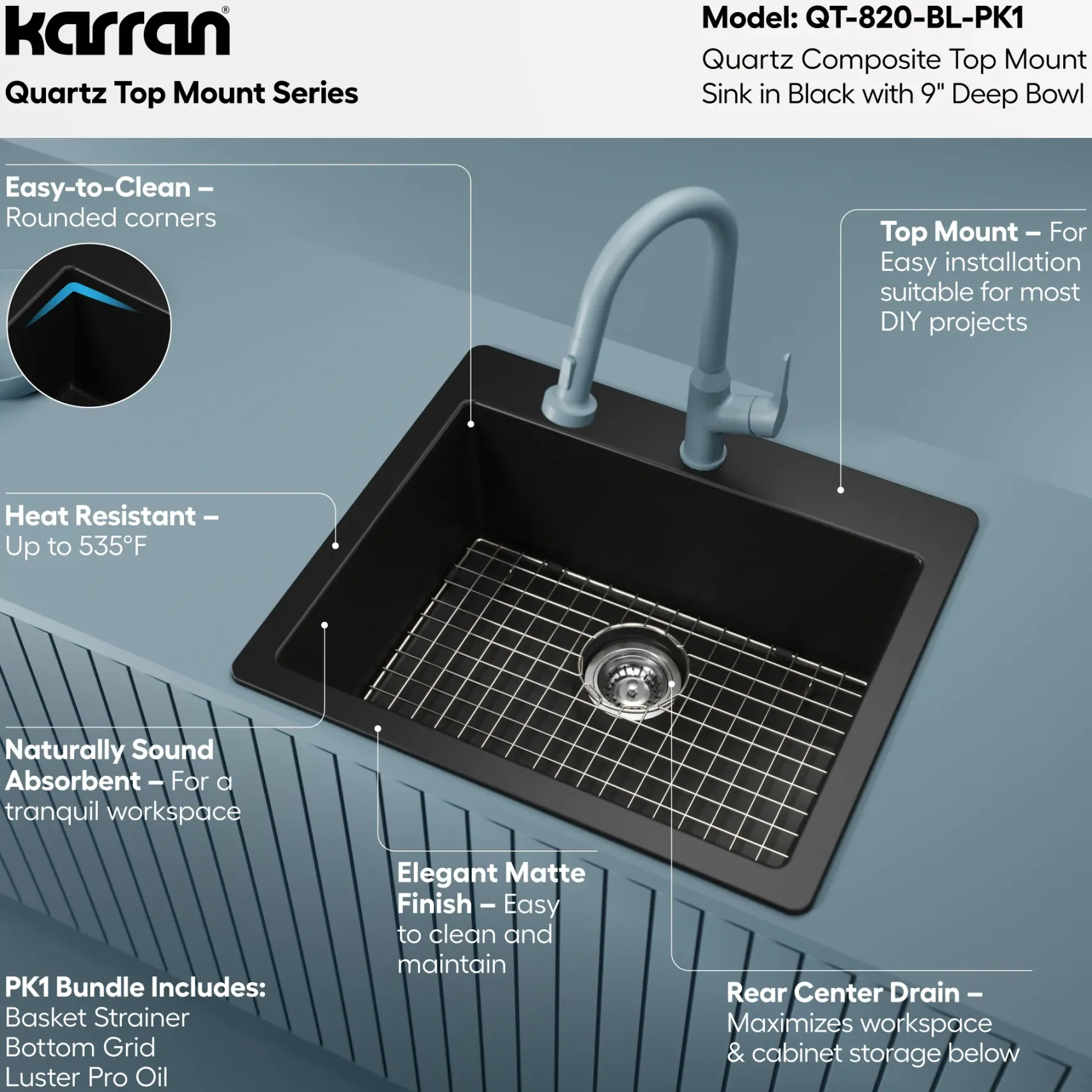Karran 25" Drop In/Topmount Quartz Composite Kitchen Sink with Accessories, Black, QT-820-BL-PK1