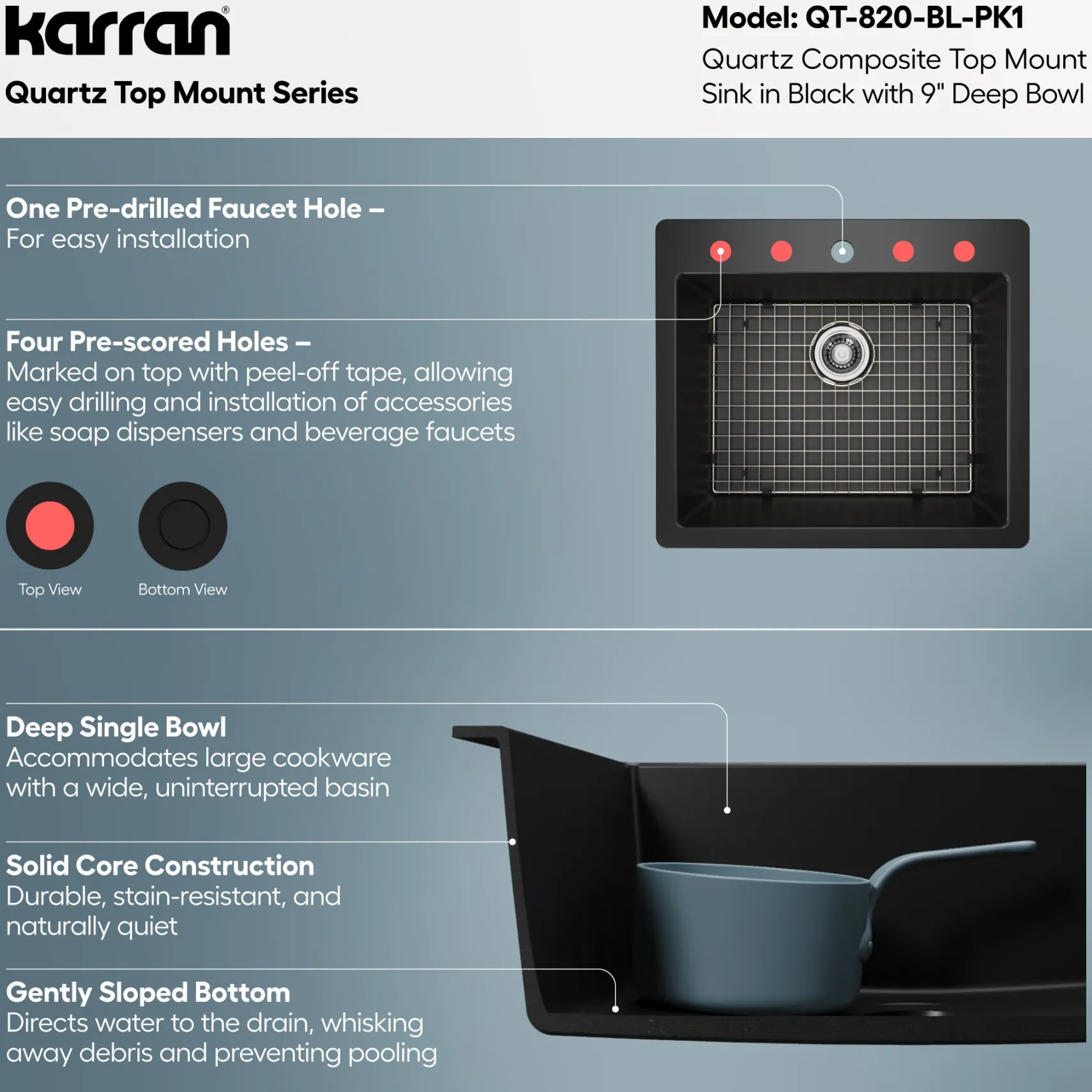 Karran 25" Drop In/Topmount Quartz Composite Kitchen Sink with Accessories, Black, QT-820-BL-PK1