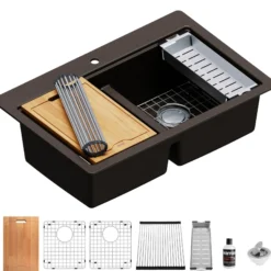 Karran 33" Drop In/Topmount Quartz Composite Kitchen Sink, 50/50 Double Bowl, Brown, QTWS-880-BR