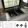 Karran 33" Drop In/Topmount Quartz Composite Kitchen Sink with Stainless Steel Faucet and Accessories, 60/40 Double Bowl, Black, QT610BL220SS