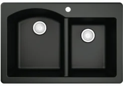 Karran 33" Drop In/Topmount Quartz Composite Kitchen Sink with Stainless Steel Faucet and Accessories, 60/40 Double Bowl, Black, QT610BL220SS