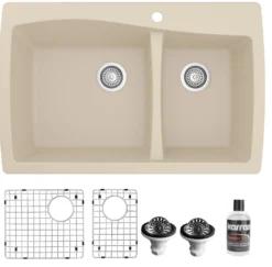 Karran 34" Drop In/Topmount Quartz Composite Kitchen Sink with Accessories, 60/40 Double Bowl, Bisque, QT-721-BI-PK1