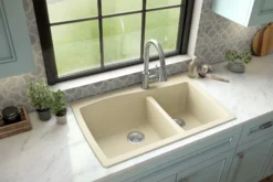 Karran 34" Drop In/Topmount Quartz Composite Kitchen Sink with Accessories, 60/40 Double Bowl, Bisque, QT-721-BI-PK1