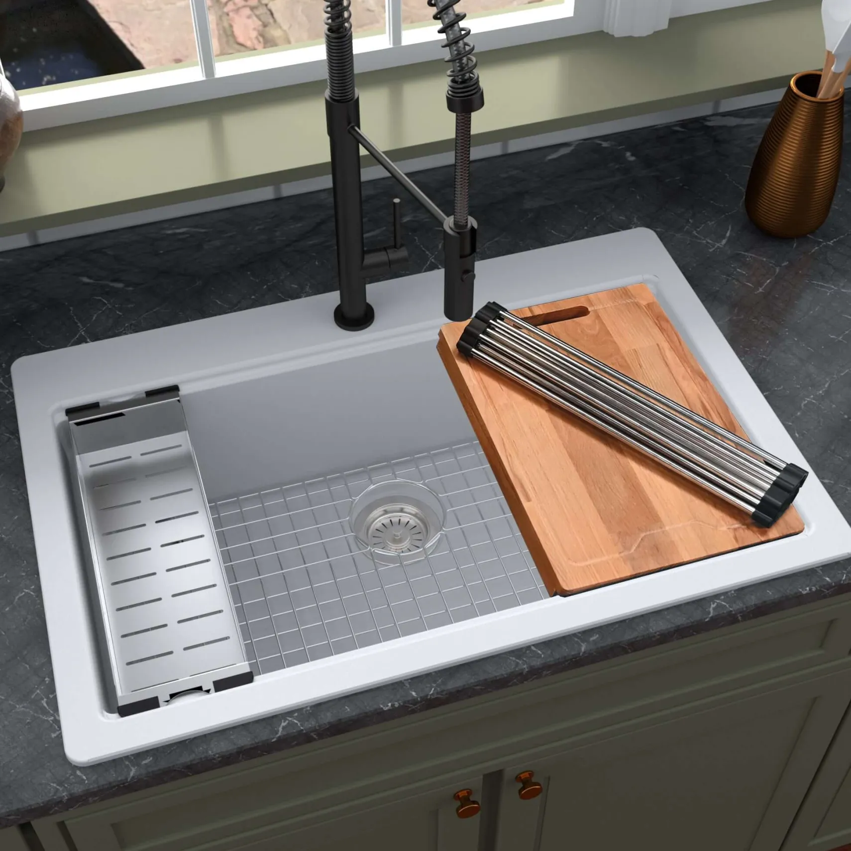 Karran 33" Drop In/Topmount Quartz Composite Workstation Kitchen Sink with Accessories, White, QTWS-875-WH