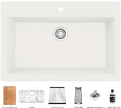 Karran 33" Drop In/Topmount Quartz Composite Workstation Kitchen Sink with Accessories, White, QTWS-875-WH
