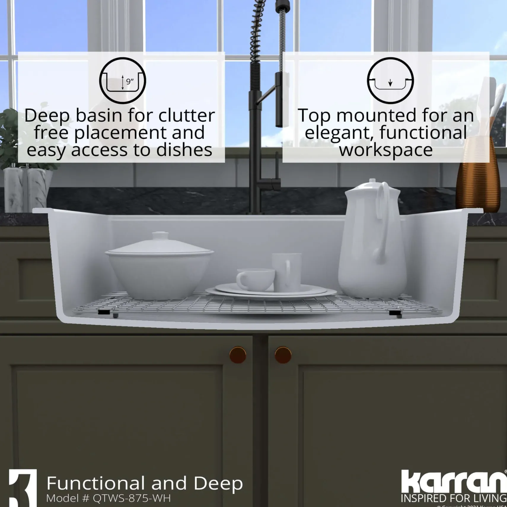 Karran 33" Drop In/Topmount Quartz Composite Workstation Kitchen Sink with Accessories, White, QTWS-875-WH