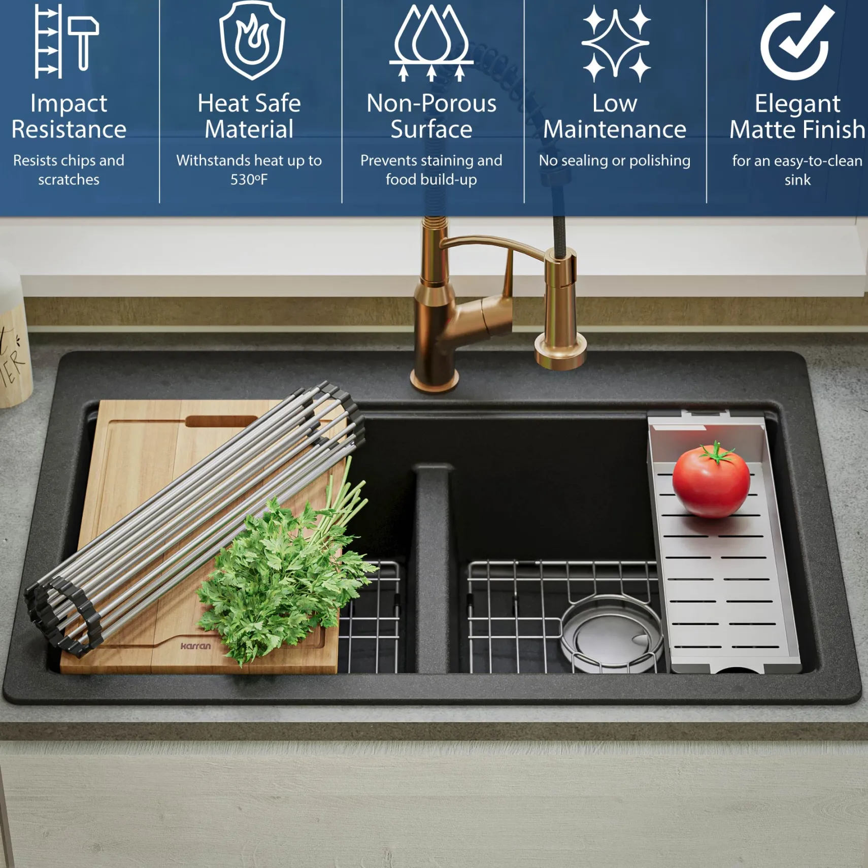 Karran 33" Drop In/Topmount Quartz Composite Kitchen Sink, 50/50 Double Bowl, Black, QTWS-880-BL