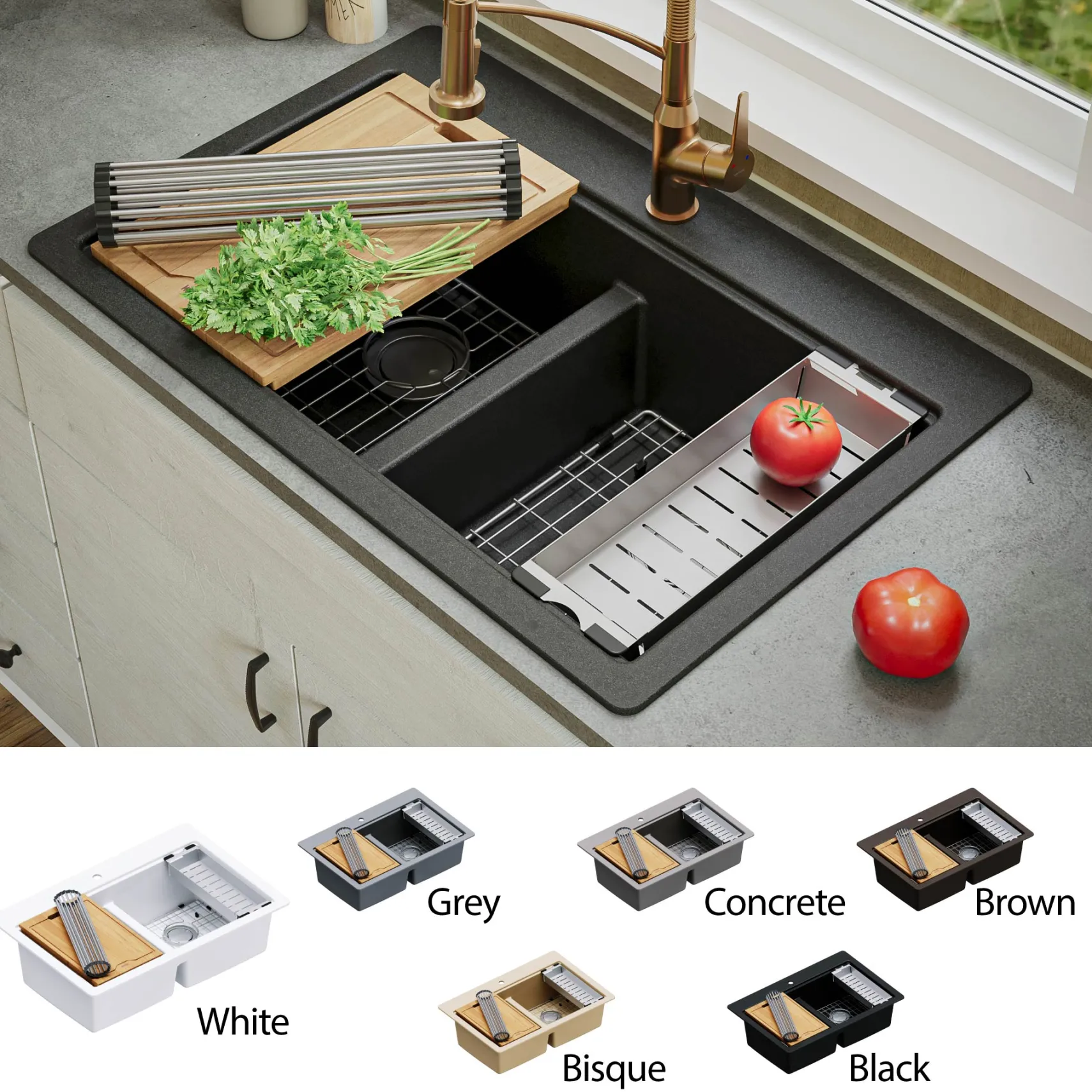 Karran 33" Drop In/Topmount Quartz Composite Kitchen Sink, 50/50 Double Bowl, Black, QTWS-880-BL