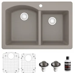 Karran 33" Drop In/Topmount Quartz Composite Kitchen Sink, 60/40 Double Bowl, Concrete, QT-610-CN-PK1