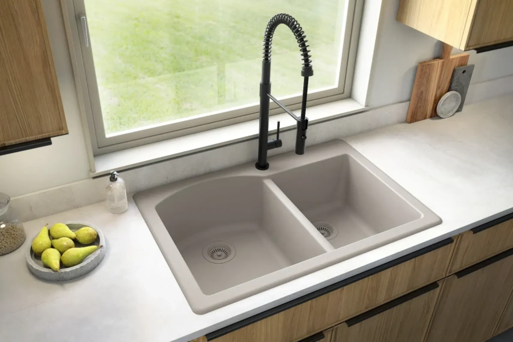 Karran 33" Drop In/Topmount Quartz Composite Kitchen Sink, 60/40 Double Bowl, Concrete, QT-610-CN-PK1