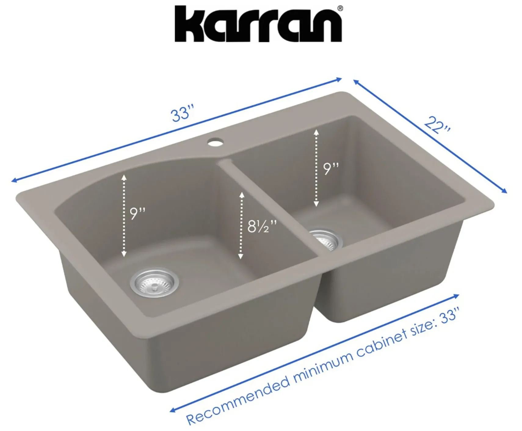 Karran 33" Drop In/Topmount Quartz Composite Kitchen Sink, 60/40 Double Bowl, Concrete, QT-610-CN-PK1