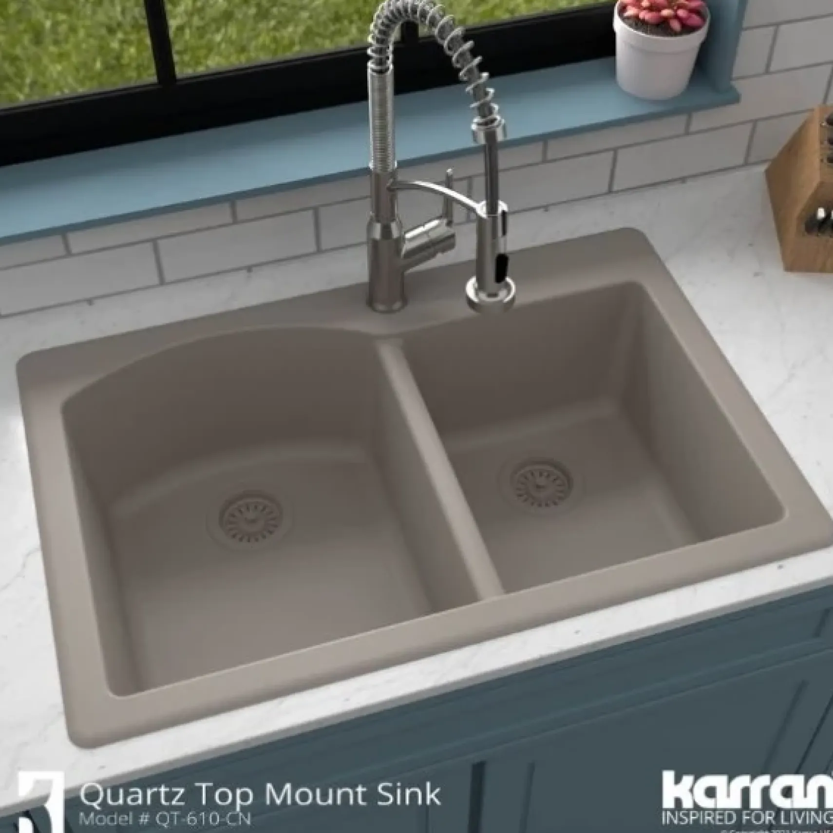 Karran 33" Drop In/Topmount Quartz Composite Kitchen Sink, 60/40 Double Bowl, Concrete, QT-610-CN-PK1
