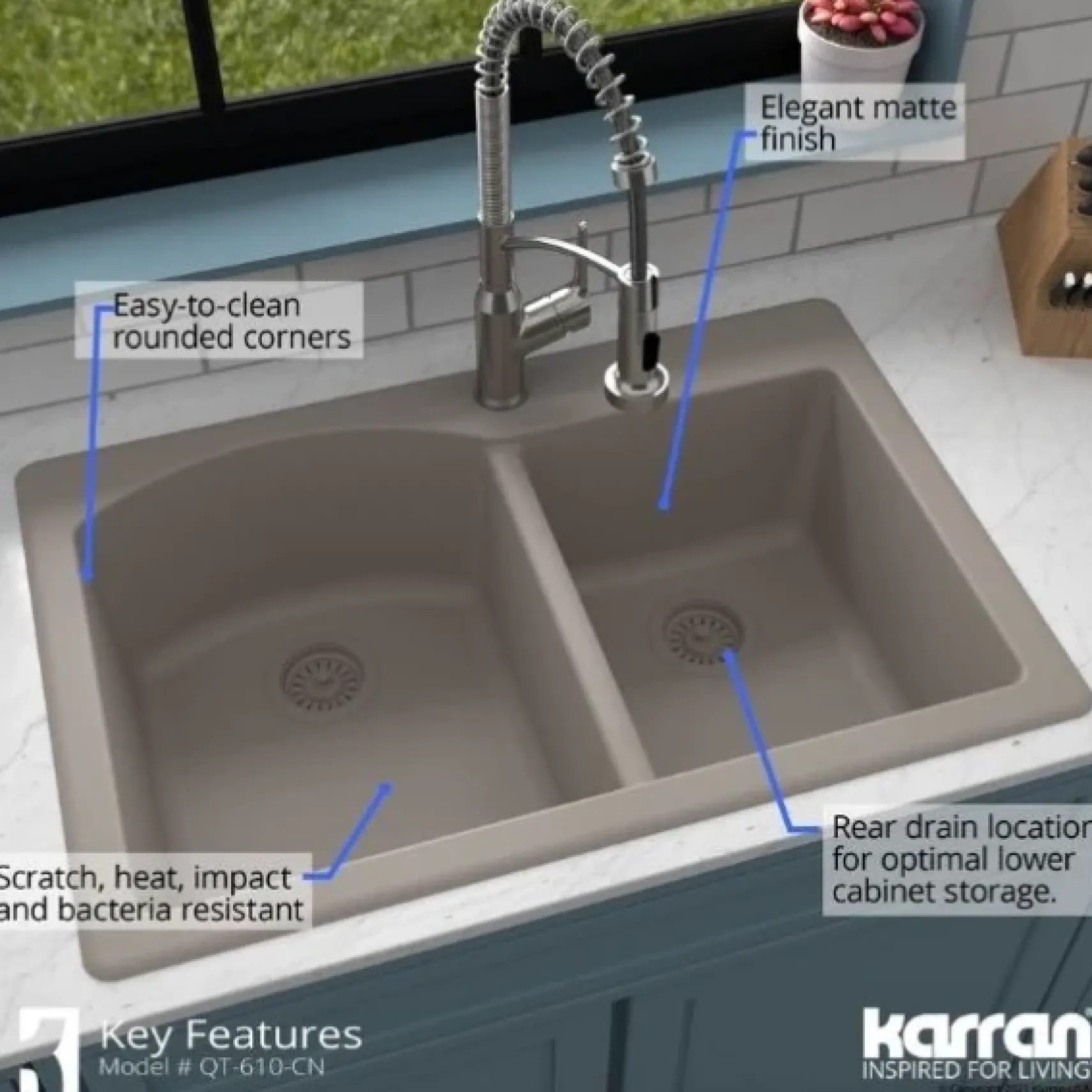 Karran 33" Drop In/Topmount Quartz Composite Kitchen Sink, 60/40 Double Bowl, Concrete, QT-610-CN-PK1