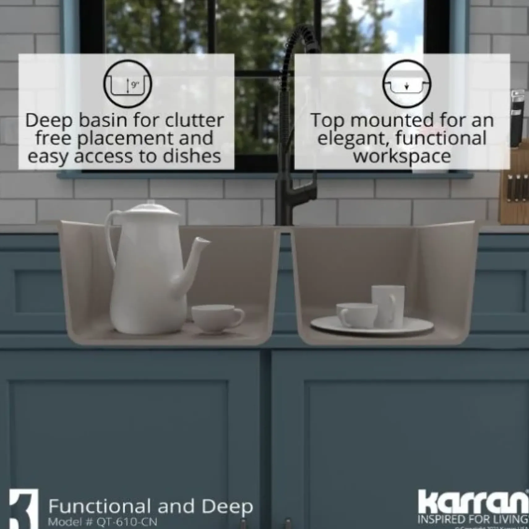 Karran 33" Drop In/Topmount Quartz Composite Kitchen Sink, 60/40 Double Bowl, Concrete, QT-610-CN-PK1