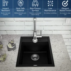 Karran 16" Drop In/Topmount Quartz Composite Kitchen Sink, Black, QT-825-BL